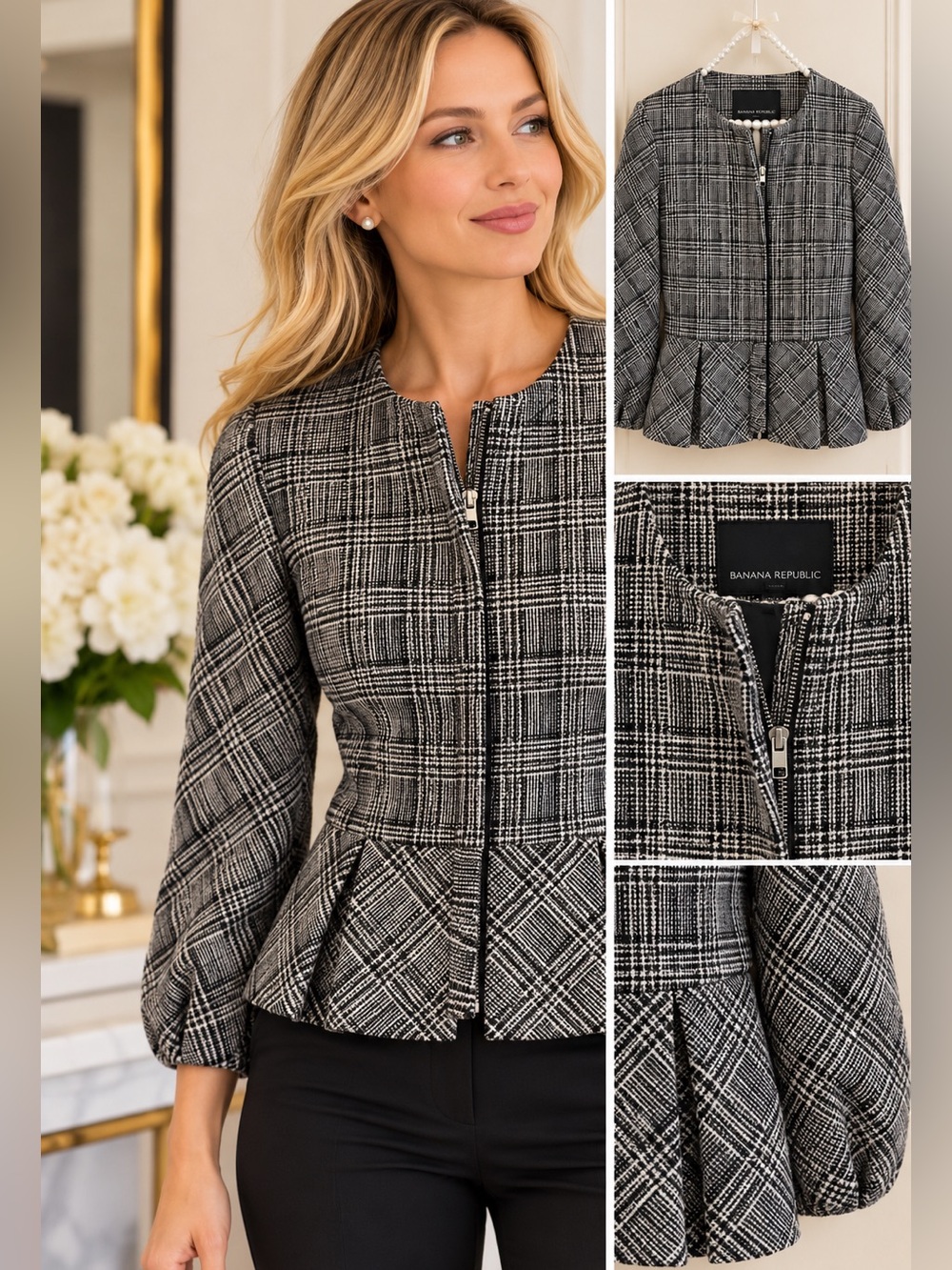Banana Republic Black White Plaid Peplum Zip Jacket Size 4